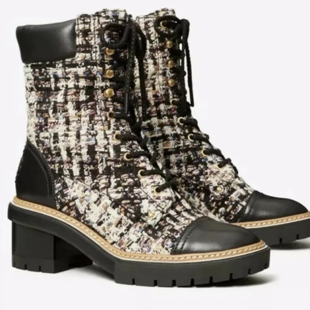 Tory Burch Miller Lug Sole Leather and Tweed size Lace Up Boot 9